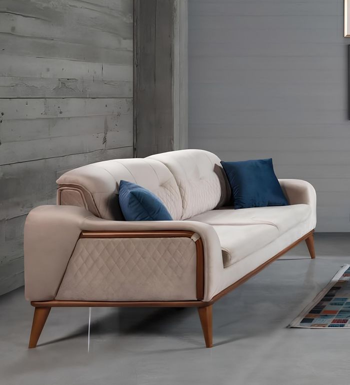 Beige Couch Wohnzimmer Dreisitzer Sitzpolster Couchen Sofa Möbel Samt Holz Neu