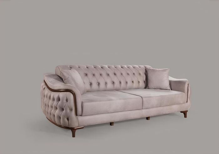 Beige Chesterfield Couch Dreisitzer Sitzpolster Couchen Sofa Möbel Samt Holz