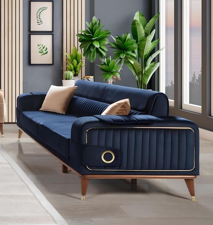 Blaue Design Couch Sofa Samt Dreisitzer Luxus Couchen Möble Sofas Stoff Textil