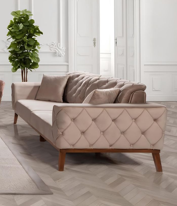 Sofagarnitur Sofa 3+3+1 Sitz Wohnzimmer Braun Sessel Stoff Chesterfield Samt