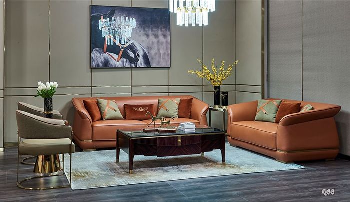 moderne Sofa Garnitur 3+2 Sitzer Design Ledersofa Couch Leder Orange Gruppe Neu