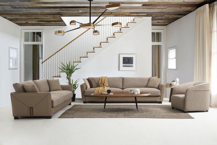 Sofagarnitur 431 Sitzer Sessel Sofa Modern Stoff Beige Set 3tlg Sofas