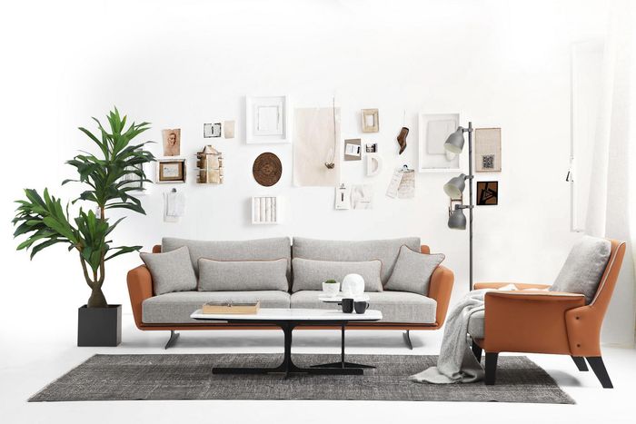 Sofagarnitur 21 Sitzer Wohnzimmer Sofa Orange Stoff Sessel Zweisitzer