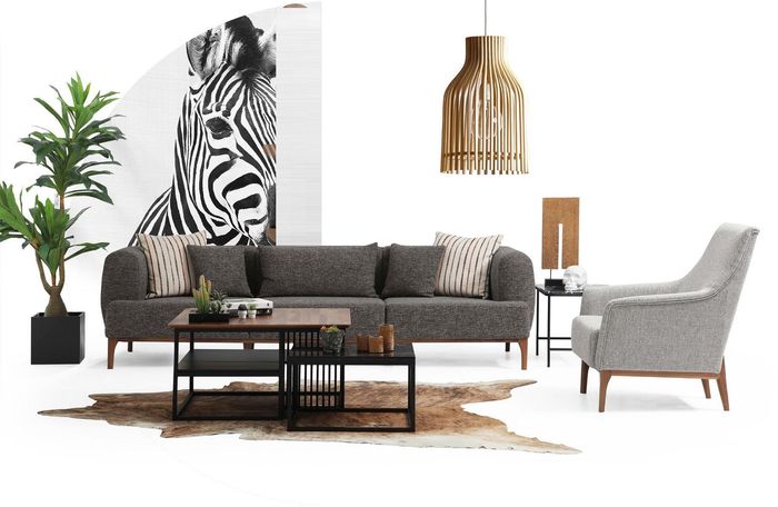 Sofagarnitur Dreisitzer Sitzer Modern Sessel Stoff Grau Wohnzimmer Set
