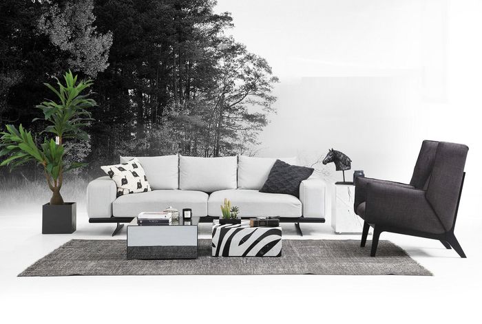 Sofagarnitur Sofa 2 Sitzer Sessel Zweisitzer Grau Modern Stoff Set