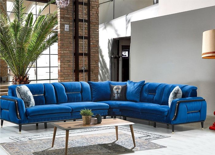 Blaues L-Form Polstersofa Designer Eckcouch Textil Bezug Wohn Sitzmöbel