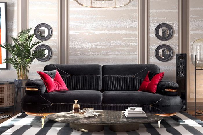 Designer Schwarzer 3-Sitzer Luxus Wohnzimmer Couch Dreisitzer Textil
