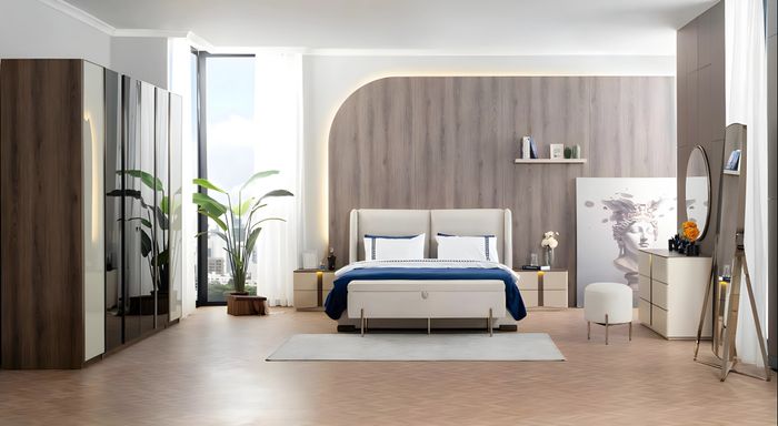 Luxus Schlafzimmer Komplette Doppelbett Schrank Beige 9tlg Kommode
