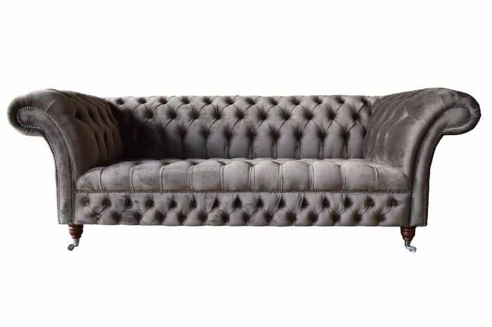Englische Chesterfield Sofa Couch Büro Möbel Dreisitz Samt 230cm Taupe