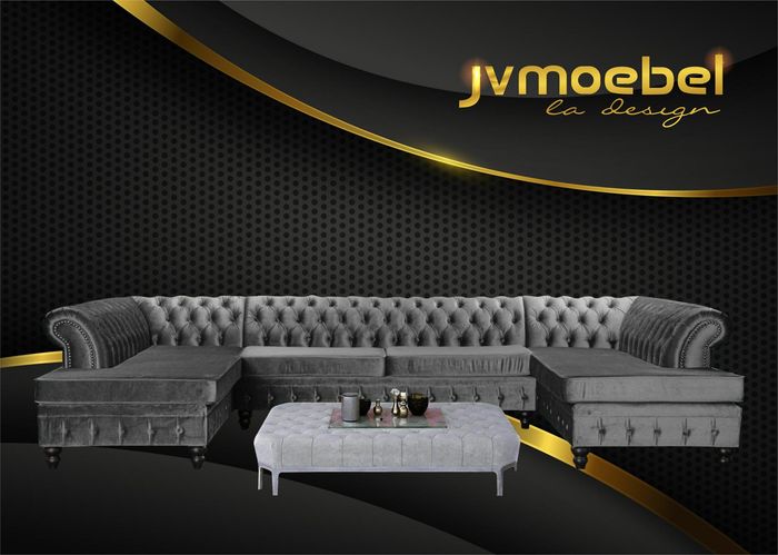 Set Luxury Modern Ecksofa U-Form Chesterfield und Couchtisch Wohnzimmer Textil