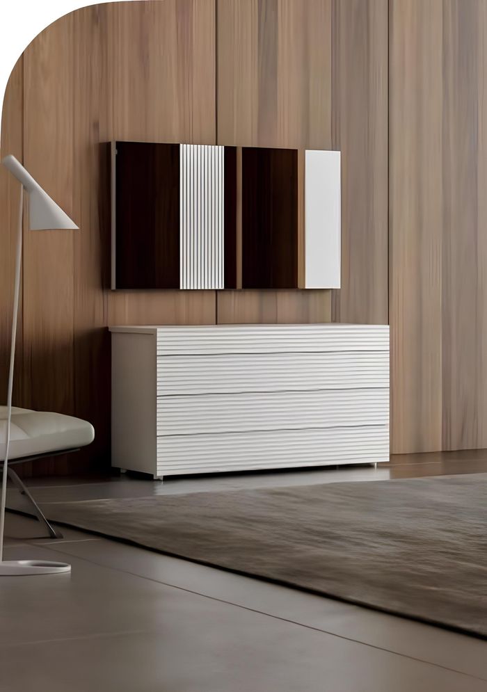 Weiße Designer Luxus Kommode mit Spiegel 4 Schubladen Holz Möbel Neu