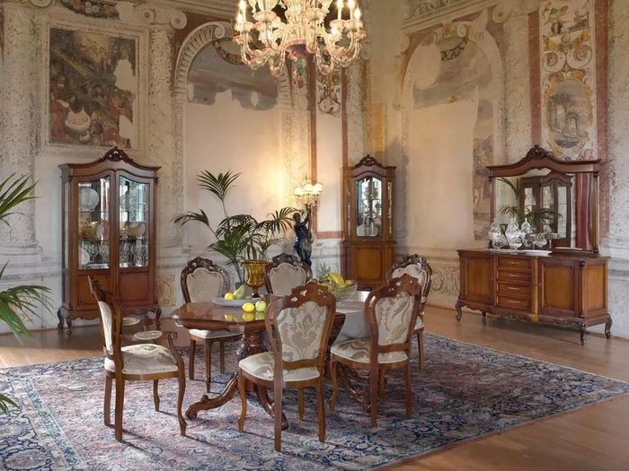 Italienische Barock Stil Möbel Esszimmer 11tlg. Set Tisch Stühle Kommode Vitrine