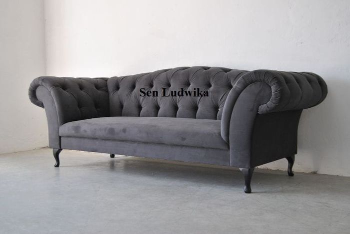 Dreisitzer Design Couch Polster Sitz Textil Sofa 3 Sitzer Chesterfield Grau Neu