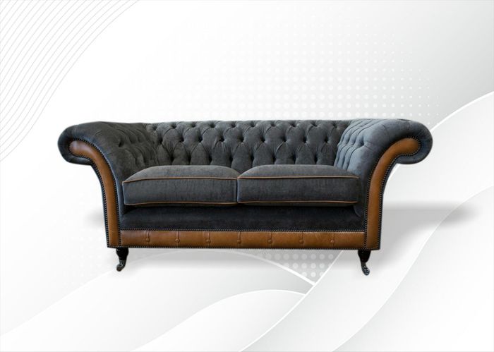 Chesterfield 2 Sitzer Textil Grau Stoff Wohnzimmer Sofa Luxus Möbel Modern Neu