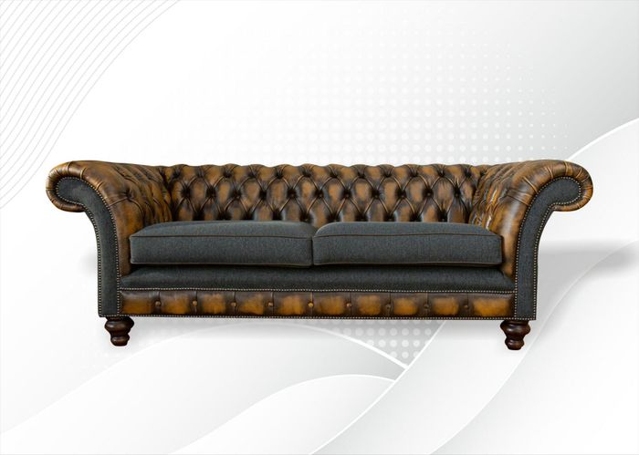 Chesterfield 3 Sitzer Braune Leder Stoff Wohnzimmer Modern Luxus Möbel Sofa Neu