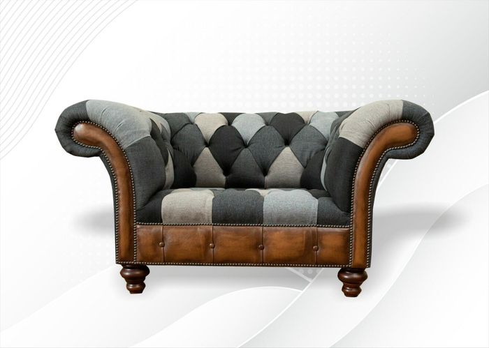 Chesterfield Design Sessel 1 Sitzer Textil Leder Luxus Grau Sessel Fernseh Neu