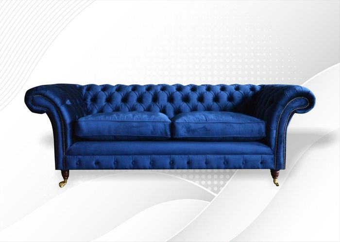 Chesterfield 3 Sitzer Stoff Blau Textil Sofa Wohnzimmer Design Couchen Sofas Neu