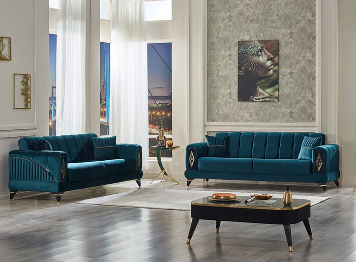 Sofagarnitur 2x Sofas 3 Sitzer Wohnzimmer Polstermöbel Grün Dreisitzer Couch