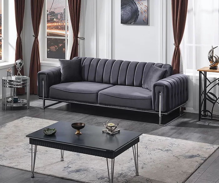Luxus Grau Dreisitzer Sofa Couch Wohnzimmer Chesterfield Sitz Polstermöbel