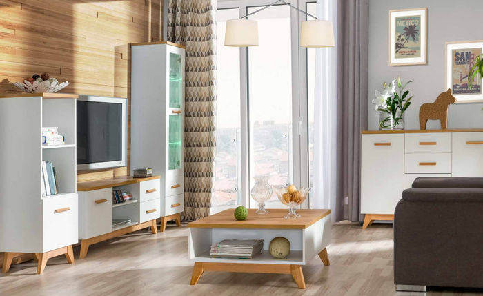 Wohnwand Wohnzimmer-Set Vitrine Lowboard Wandregal TV Tisch 5 tlgs Set Wohnwände
