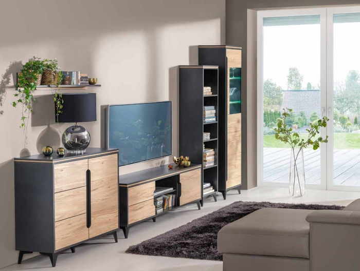 Edle Designer Wohnwand Grau Beige Wohnwände Vitrine Kommode Wohnzimmer Set 4tlg.