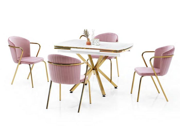 Esszimmer Set Esstisch Ausziehtisch Weißer Marmor Stühle Rosa Edelstahl 5tlg