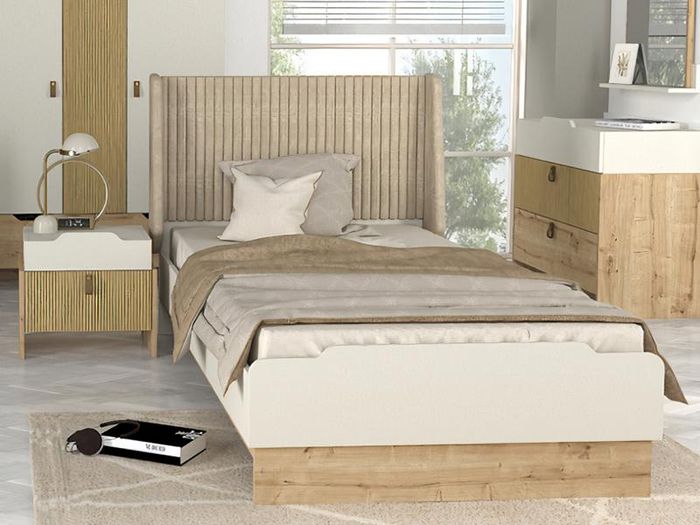 Jugendzimmer 2tlg Set Bett + Nachttisch Moderne Möbel Kinderzimmer Stil Beige