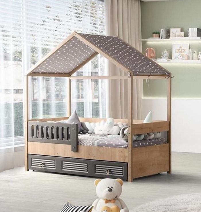 Bettrahmen Kinderbett 200 cm HolzBett Kinderzimmer Bettgestelle Grau