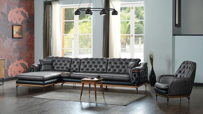 Schwarz Wohnzimmer Set Ecksofa L-Form Sessel Modern Chesterfield Komplett