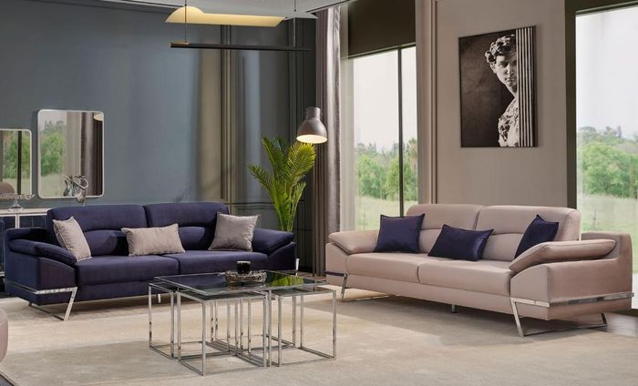 Dreisitzer Garnitur Sofagarnitur 33 Sitzer Stoff Luxus Blau Set GArnituren