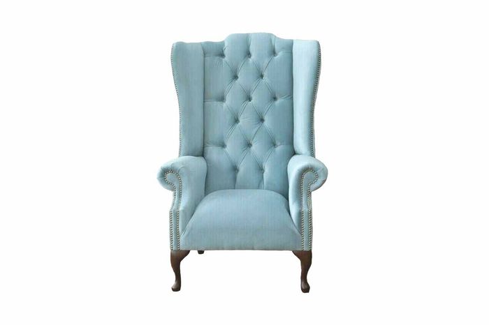 Babyblauer Ohrensessel Sessel Design Polster Sofa Couch Chesterfield Textil Neu