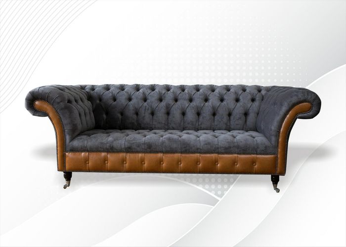 Chesterfield Sofa Couch Polster 3 Sitzer Grau Textil Stoff Graue Couchen Sofas