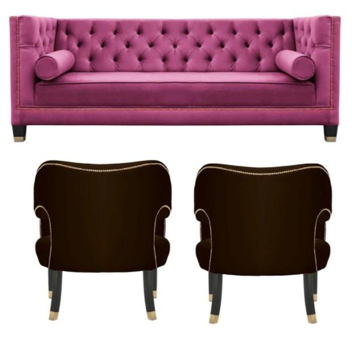 Rosa Chesterfield 2Sessel Schwarz Textil Modern Design Luxus Möbel Sofa Set Neu