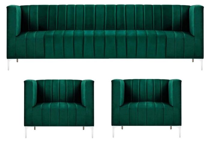 Sofagarnitur Dreisitzer Stoff Wohnzimmer Samt Design Grün Sofa 2 Sessel Gruppe