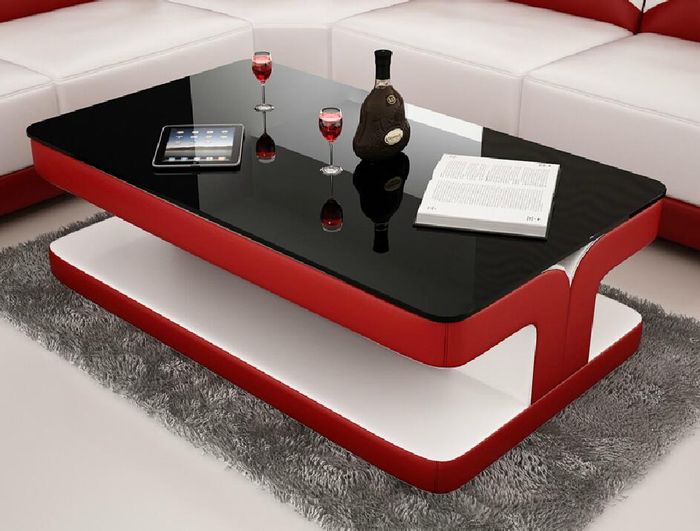 Sofatisch Design Wohnzimmer Leder Kaffee Glas Couch Polster Beistell Tisch Rot
