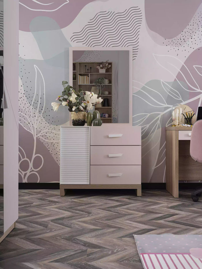 Kommode mit Spiegel Kindermöbel Holz Rosa 2tlg Kinderzimmer Schrank