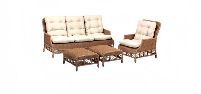 Robuste Garten Rattan Garnitur Braun Sessel Gartenmöbel 2x Hocker Sofa 3 Sitzer