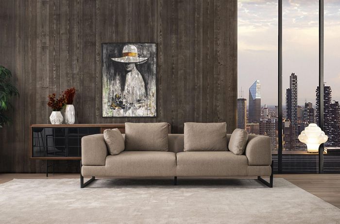 Sofa Dreisitzer 3 Sitzer Polstersofa Grau Stoff Stoffsofa Holz Sofas