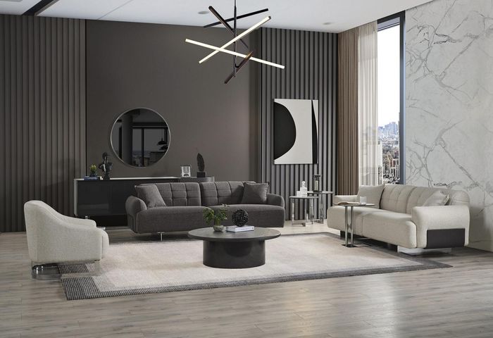 Komplette Polstersofa Couchgarnitur Sofagarnitur Grau Stoff Stoffsofa