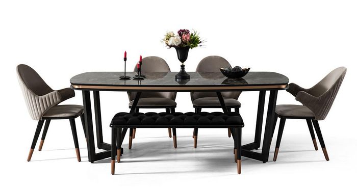 Luxuriös Esstisch Textil 4x Stühle Hocker Robust 6tlg. Esszimmergarniture
