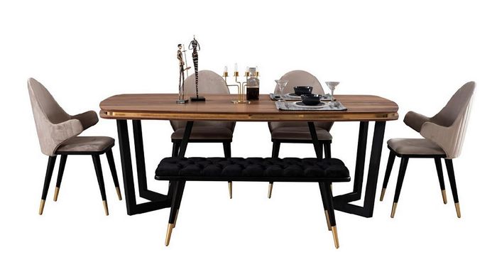 6tlg. Esszimmer Set Hochwertig Esstisch Bequem 4x Stühle Textil Hocker