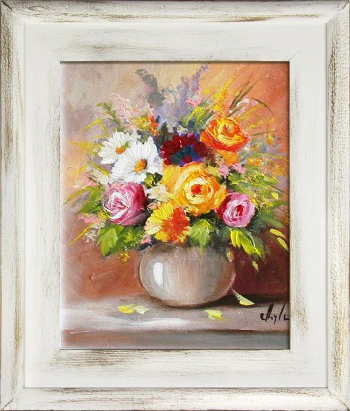 Blumenstrauß Blumen Vase Gemälde Ölgemälde Bilder Bild Ölbild Mit Rahmen G06465