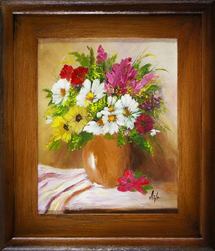 Blumenstrauß Blumen Vase Gemälde Ölgemälde Bilder Bild Ölbild Mit Rahmen G16341