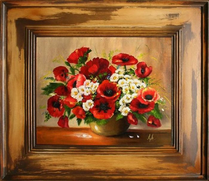 Poppies - Blumen Pflanzen Bild Bilder Gemälde Ölbilder Ölbild Mit Rahmen G15193
