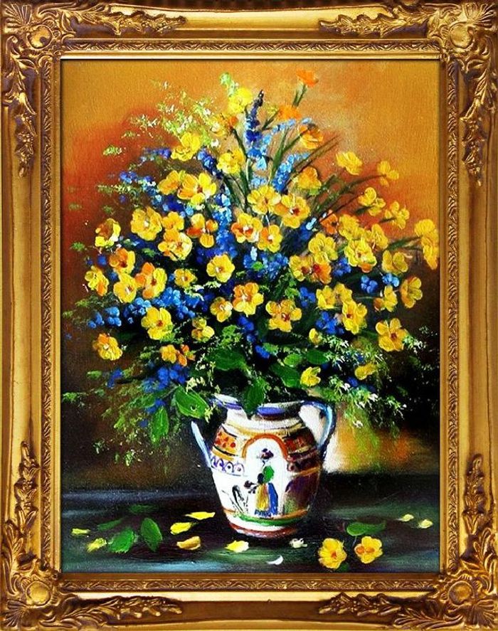 Blumenstrauß Blumen Vase Gemälde Ölgemälde Bilder Bild Ölbild Mit Rahmen G06196