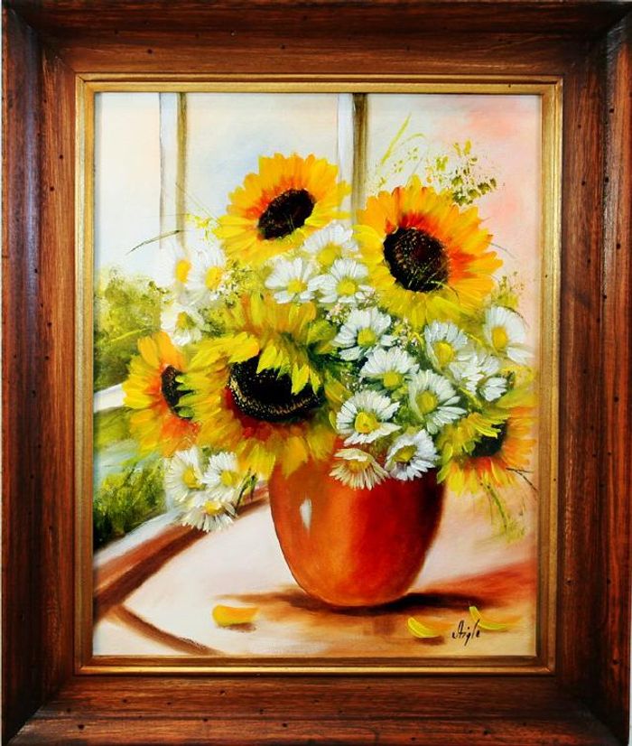 Sonnenblumen - Blumen Pflanzen Bilder Gemälde Ölbilder Ölbild Mit Rahmen G01902