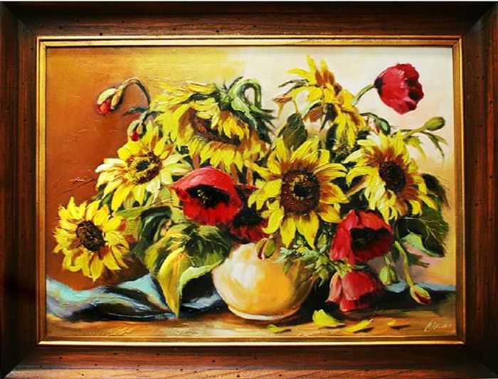 Sonnenblumen - Blumen Pflanzen Bilder Gemälde Ölbilder Ölbild Mit Rahmen G01829