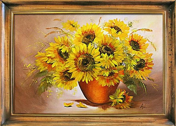 Sonnenblumen - Blumen Pflanzen Bilder Gemälde Ölbilder Ölbild Mit Rahmen G02298
