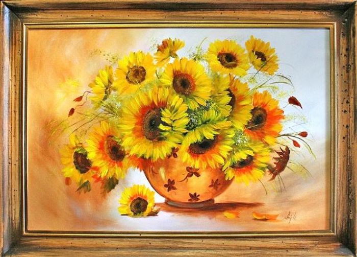 Sonnenblumen - Blumen Pflanzen Bilder Gemälde Ölbilder Ölbild Mit Rahmen G02870