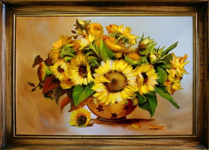 Sonnenblumen - Blumen Pflanzen Bilder Gemälde Ölbilder Ölbild Mit Rahmen G15202